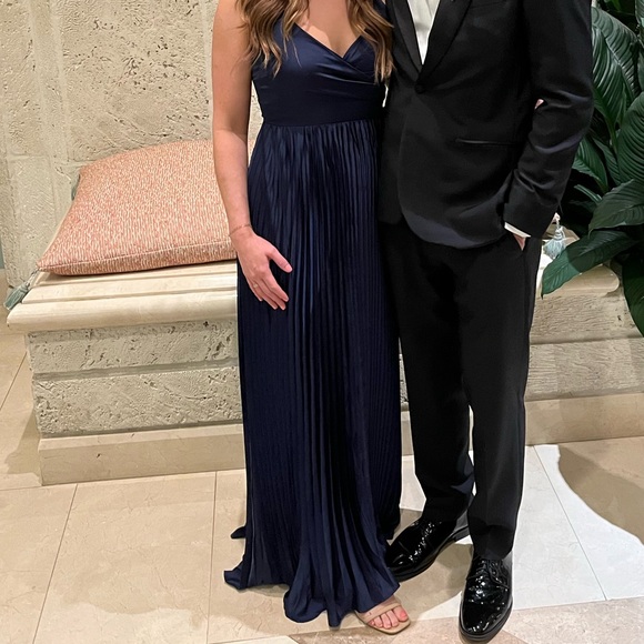 Lulus Precious Sentiments Navy Blue Satin Pleated Tie-back Maxi Dress - Size S - Picture 2 of 3